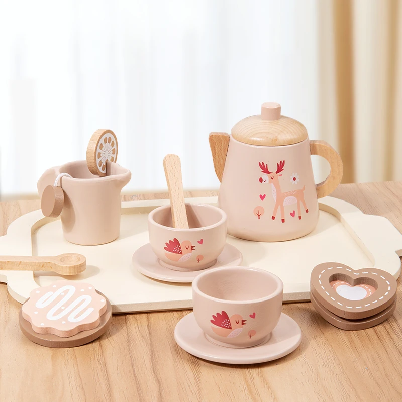 Children\'s Wooden Simulation Afternoon Tea Dessert Teapot Tableware Kitchen Tea Set Set Baby Puzzle Play Toy