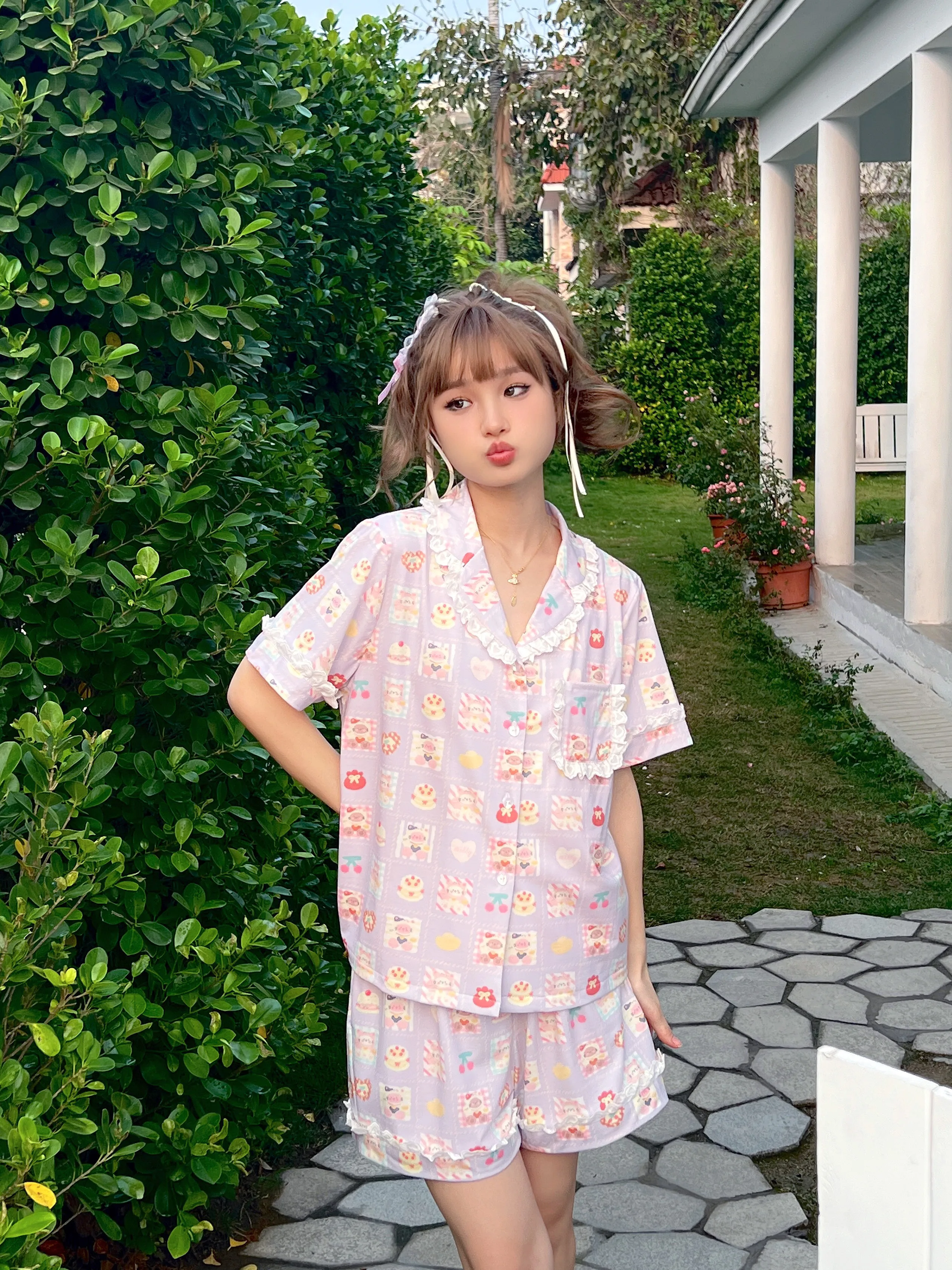 Original Japanese Ins Wind Purple Plaid Cute Short-sleeved Printed Pajamas Sweet Girl Doll Collar Modal Cotton Loungewear Set