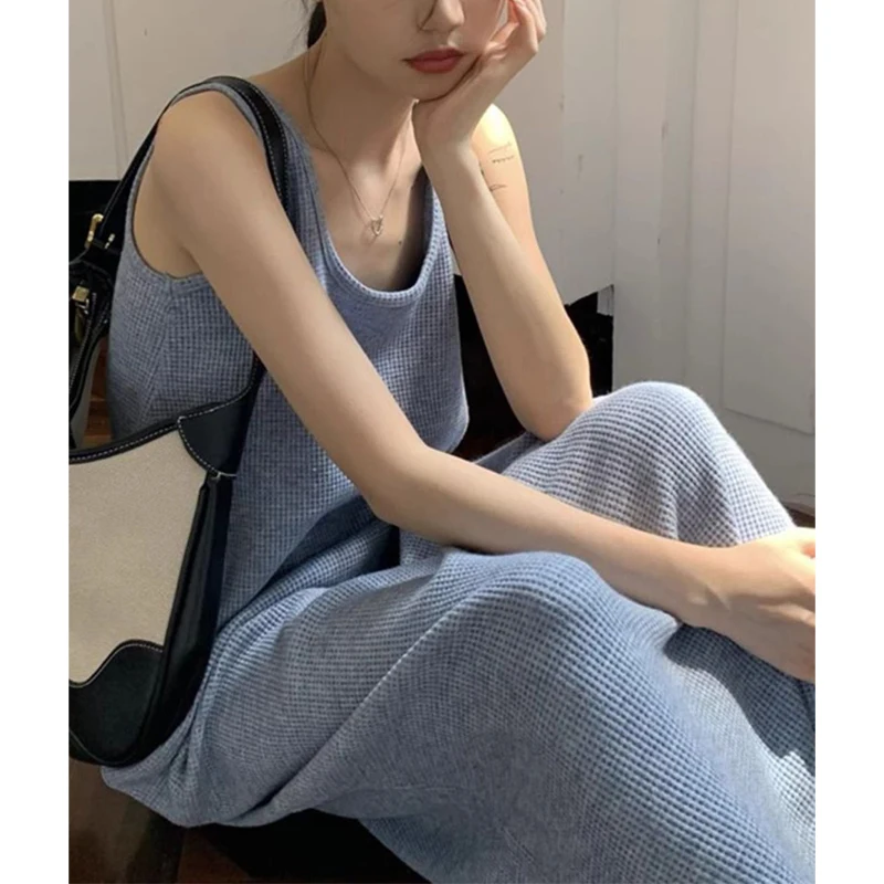 

Summer New Fashion Round Neck Solid Color Tank Dress Ladies Sleeveless Slim Casual Midi Robe Women Oversized Bottomed Vestidos