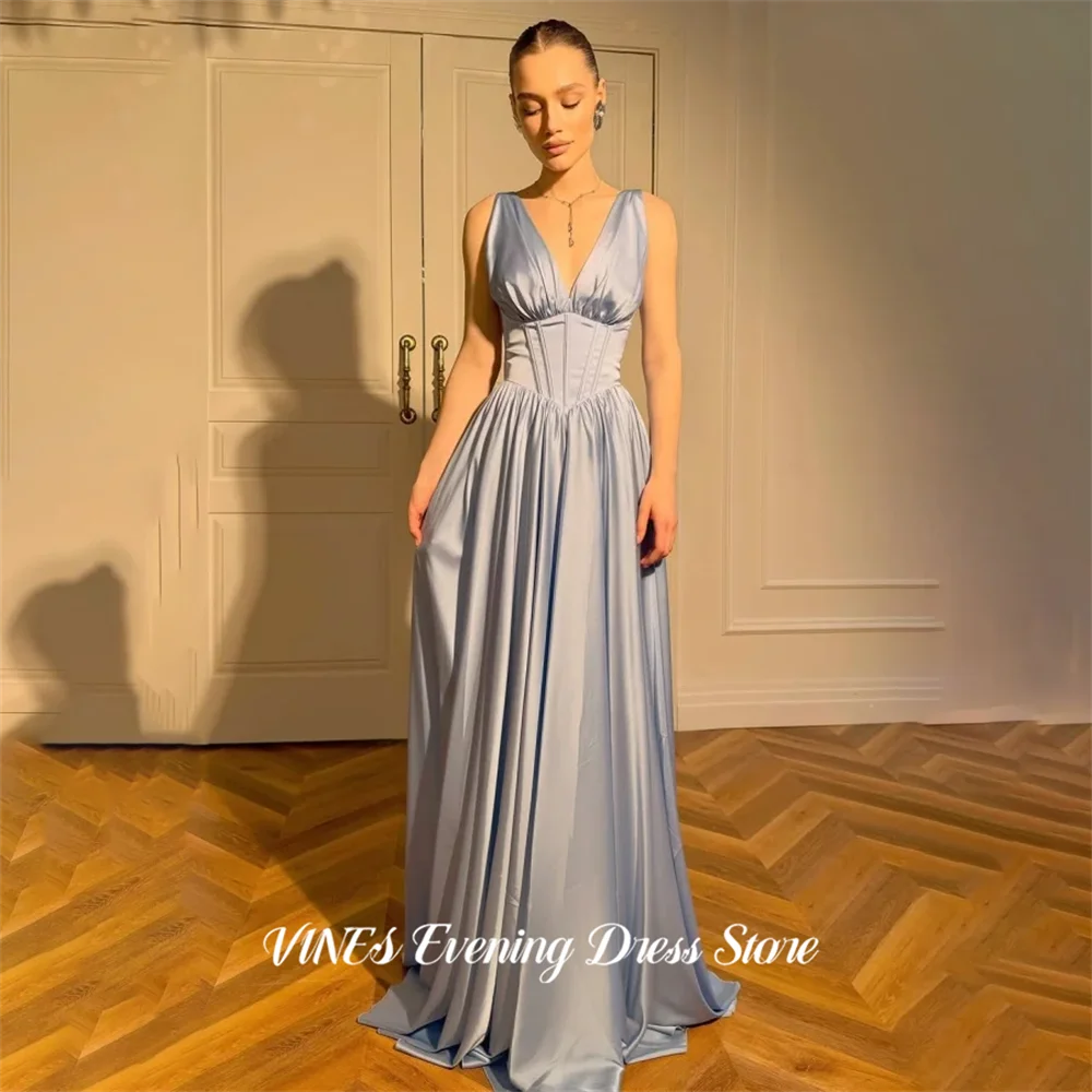 

VINES Light Blue Elegant Party Dress Deep V Neck Evening Dresses Sleeveless Party Gown Pleated Prom Gown for Women Customized