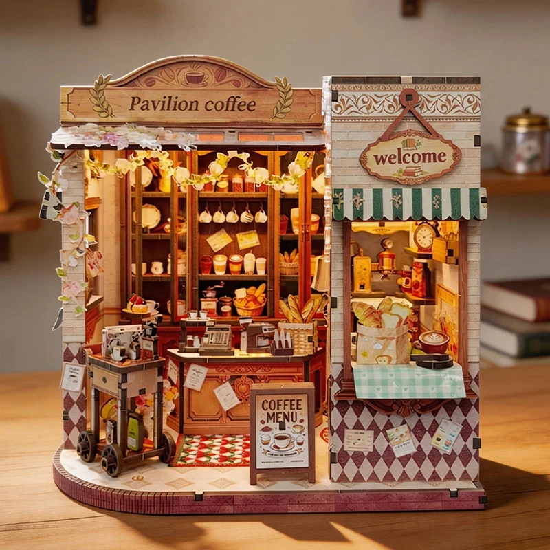 DIY Model Kits Pavilion Coffee Casa 3D Puzzle Wooden Miniature Dollhouse With Furniture Lights for Friends Birthday Gifts view 3