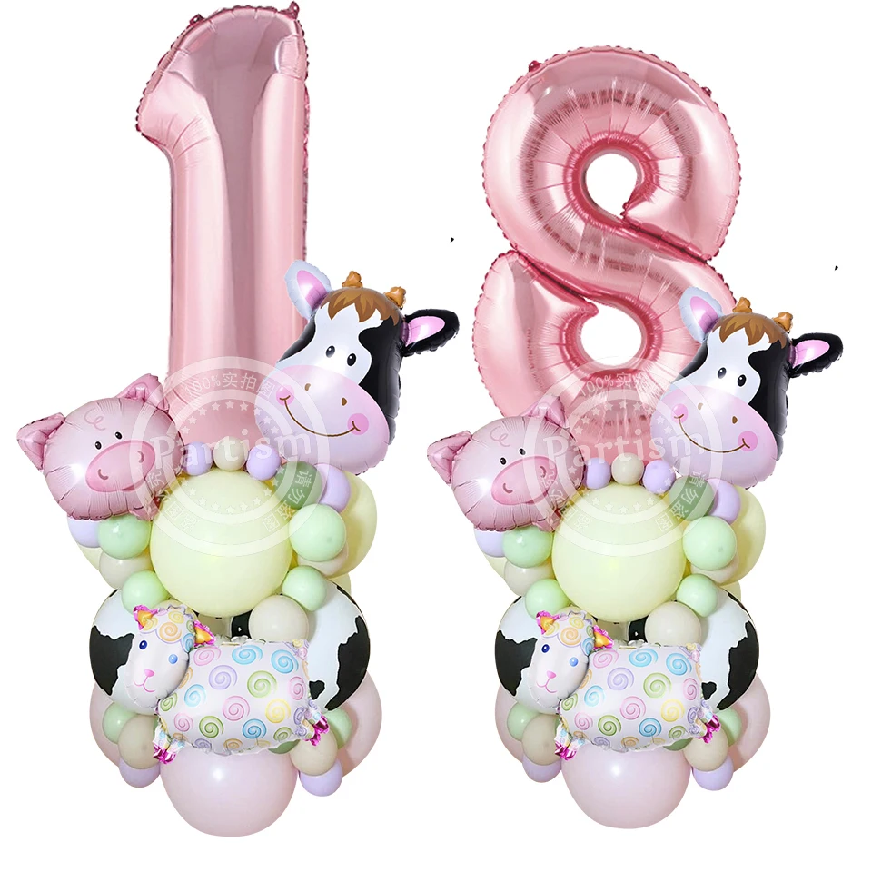 27PCS Carton Farm Animal Balloon Tower 32inch Foil Number Balloon Girl\'s Farm Animal Birthday Party Supply DIY Party Decoration