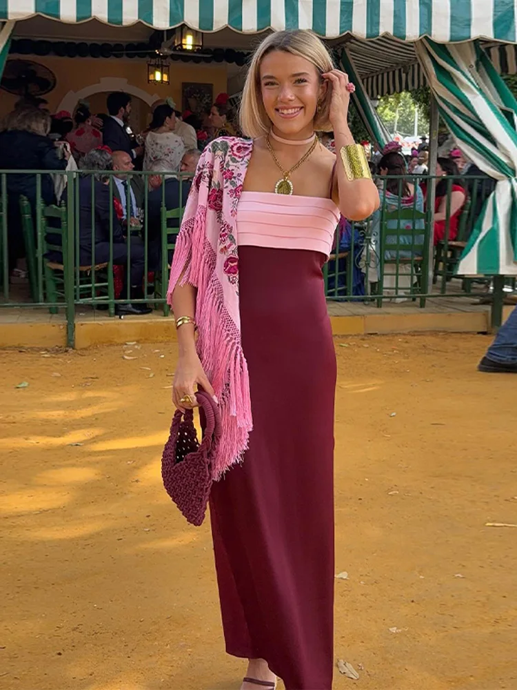 

Fashion Strapless Slip Long Dress For Women Sleeveless Backless Draped Side Split Robe 2025 Summer Elegant Female Party Dresses