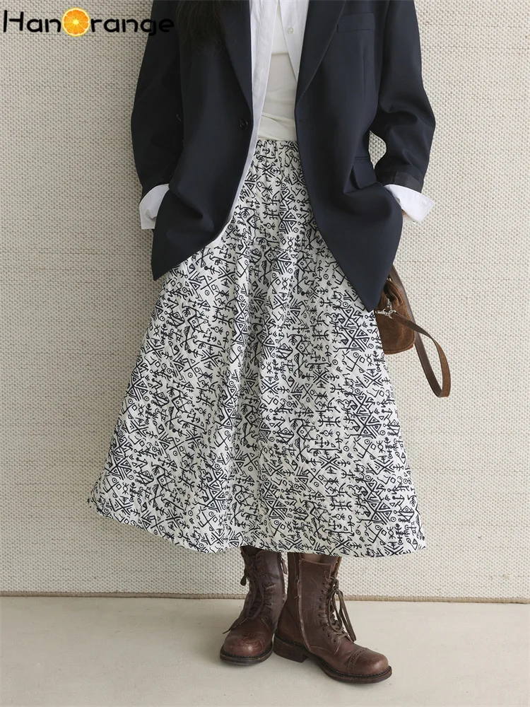 HanOrange 2026 Winter Fashion Vintage Fishbone Geometric Pattern A Word Half Body Skirt Comfortable Long Skirt Black/Apricot