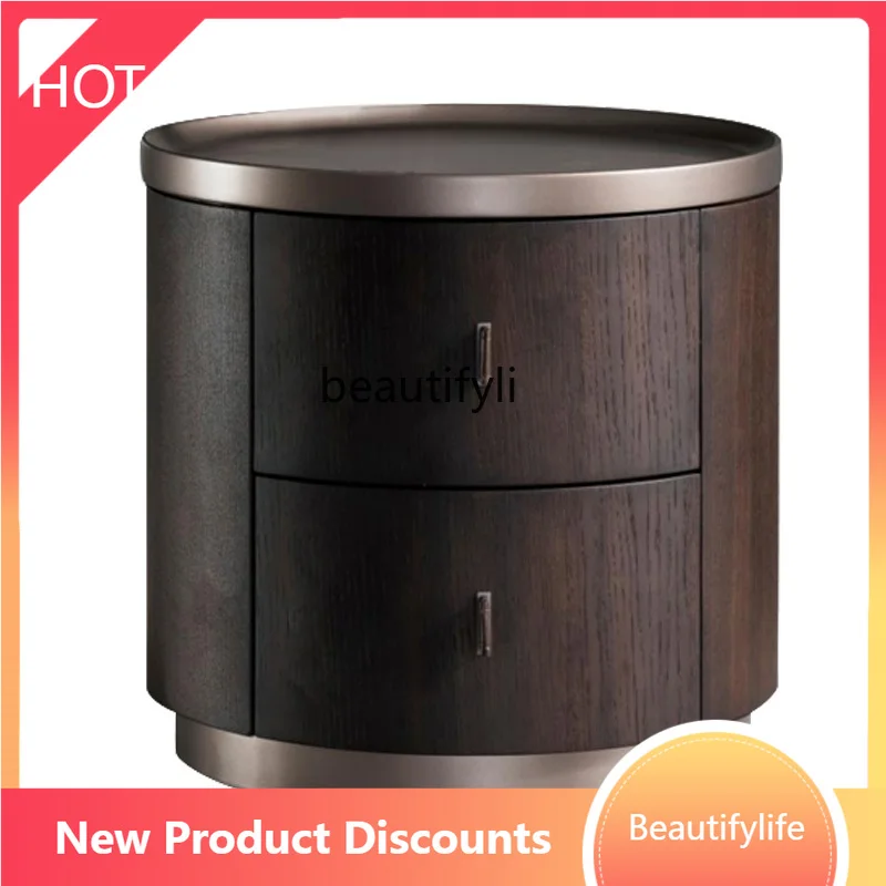 

01A Italian minimalist smoked solid wood round bedside table simple modern round cabinet creativity