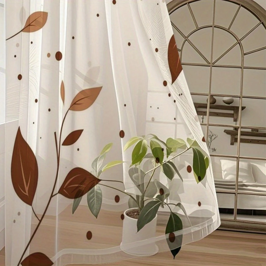 2PCS Digital Print Sheer Curtains, Brown Leaf Polka Dots, Earthy Boho Botanical Pattern for Bedroom Living Room Home Decor