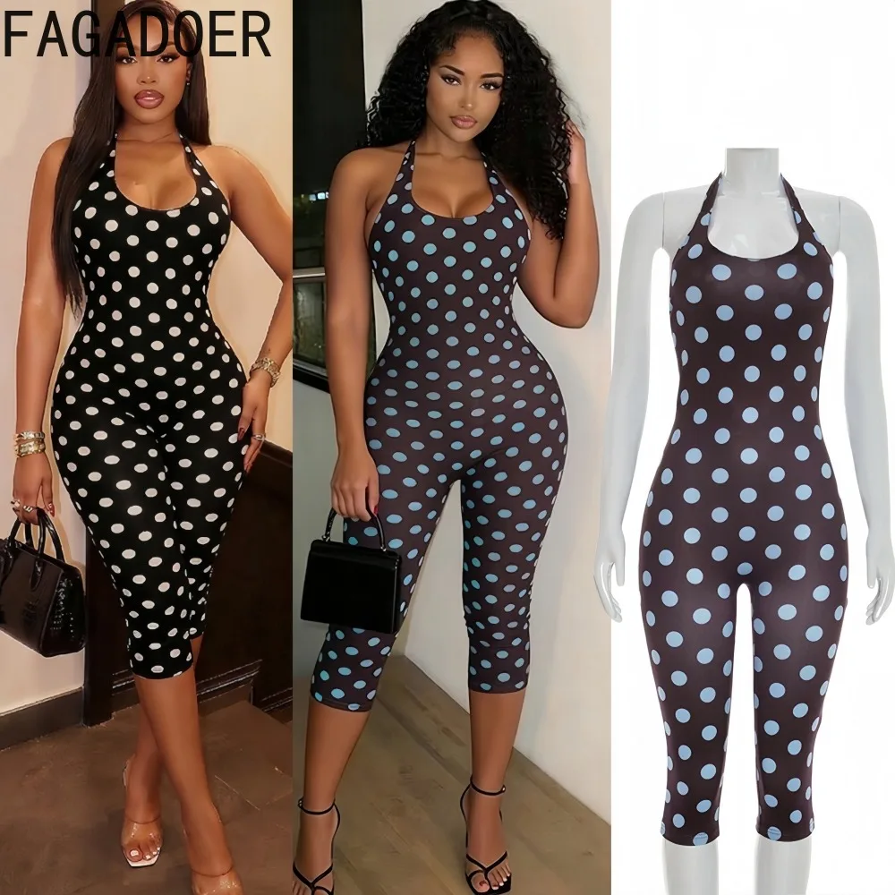 FAGADOER Sexy Polka Dot Print Patchwork Bodycon Jumpsuits Woman Halter Deep V-neck Backless Rompers Female Streetwear Overalls
