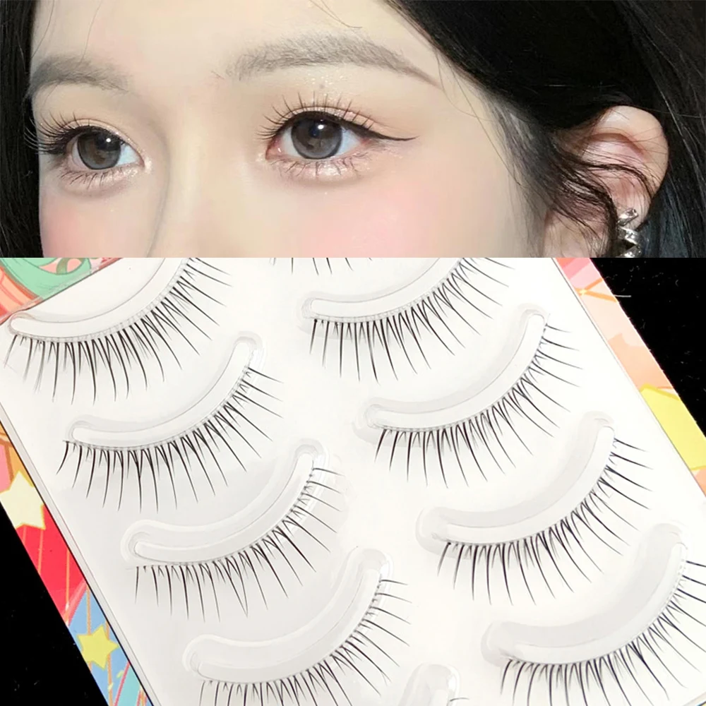 5 Pair Trendy Artificial Eyelashes Handmade Fibers Faux Eyelashes Realistic Charming V-shaped Black False Extension Eyelashes