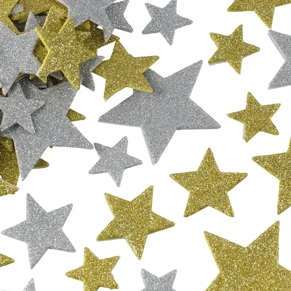 200pcs Paper Glitter Star Foam Stickers 4 Sizes, 5.5cm+4.5cm+3.5cm+2.5cm Stars Shape Self Adhesive Sticker Silver and Gold - Detail 1