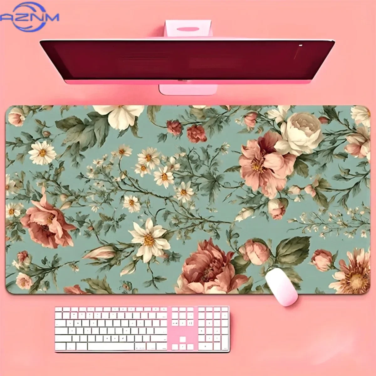 Vintage Rose Floral Large Desk Mouse Pad, Mint Green Background Daisy Flower Retro Print Waterproof Non-Slip Cute Aesthetic