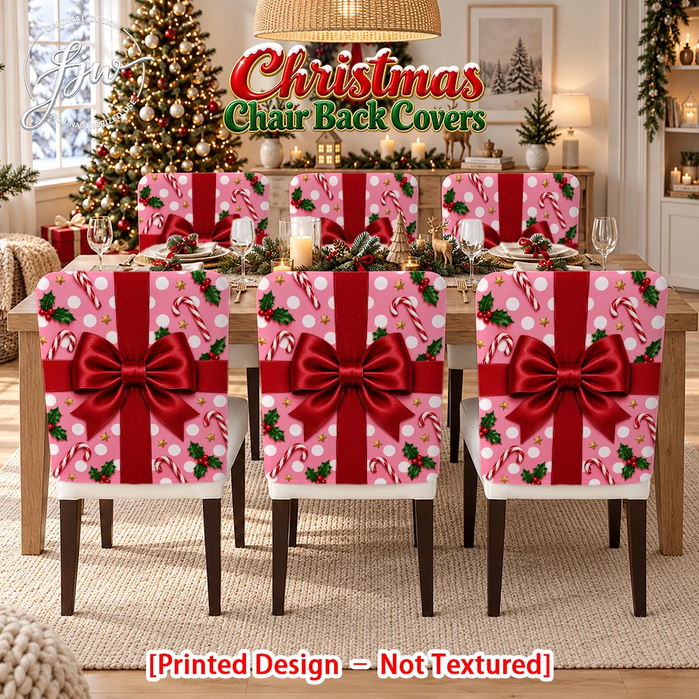 6/4/2pc Christmas Chair Back Covers, Pink Polka Dot Xmas Candy Cane Holly Print Dining Chair Slipcovers for Holiday Party Decor