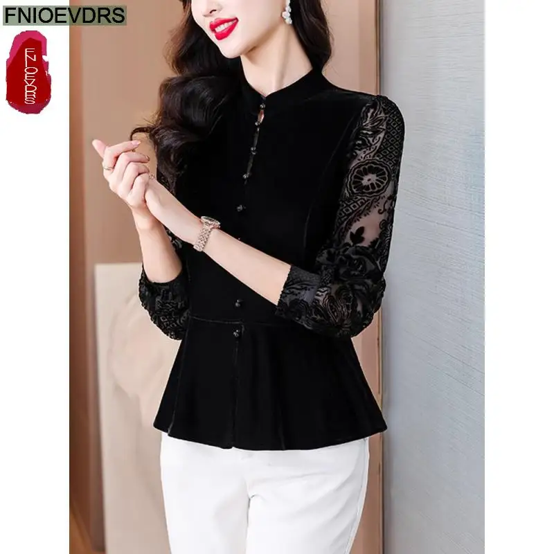 Black Lace Velvet Retro Vintage Peplum Tops New Design Women 2024 Autumn Long Sleeve French Style Hollow Basics Shirts Blouses