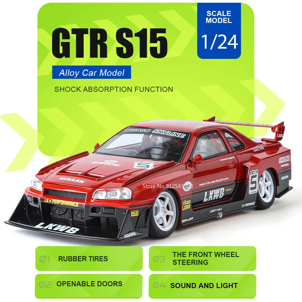 

1:24 GTR S15 Car Model Toy Doors Opened Sound Light Models Front Wheel Steer Shock Absorption Vehicle for Coolctors Unique Gift