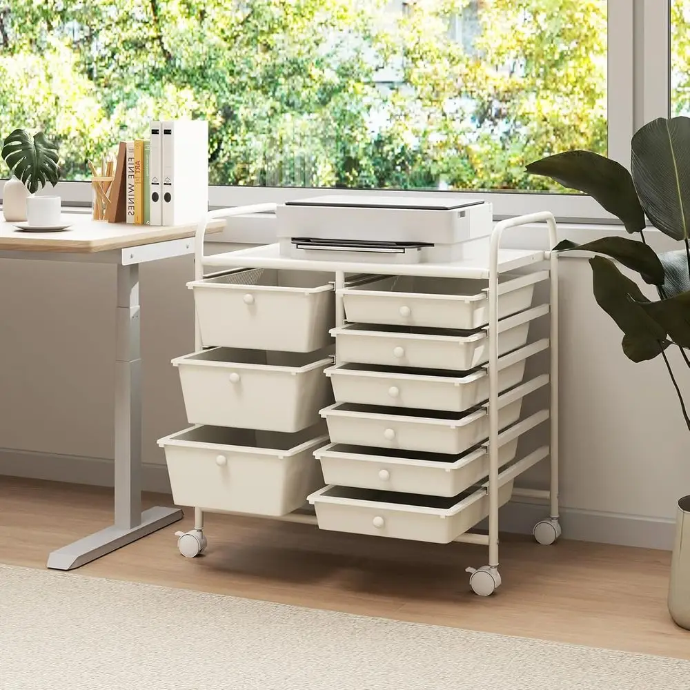 9-Tier Adjustable Rolling Storage Cart with Lockable Wheels, Multipurpose Mobile Trolley Organizer for Home and Office
