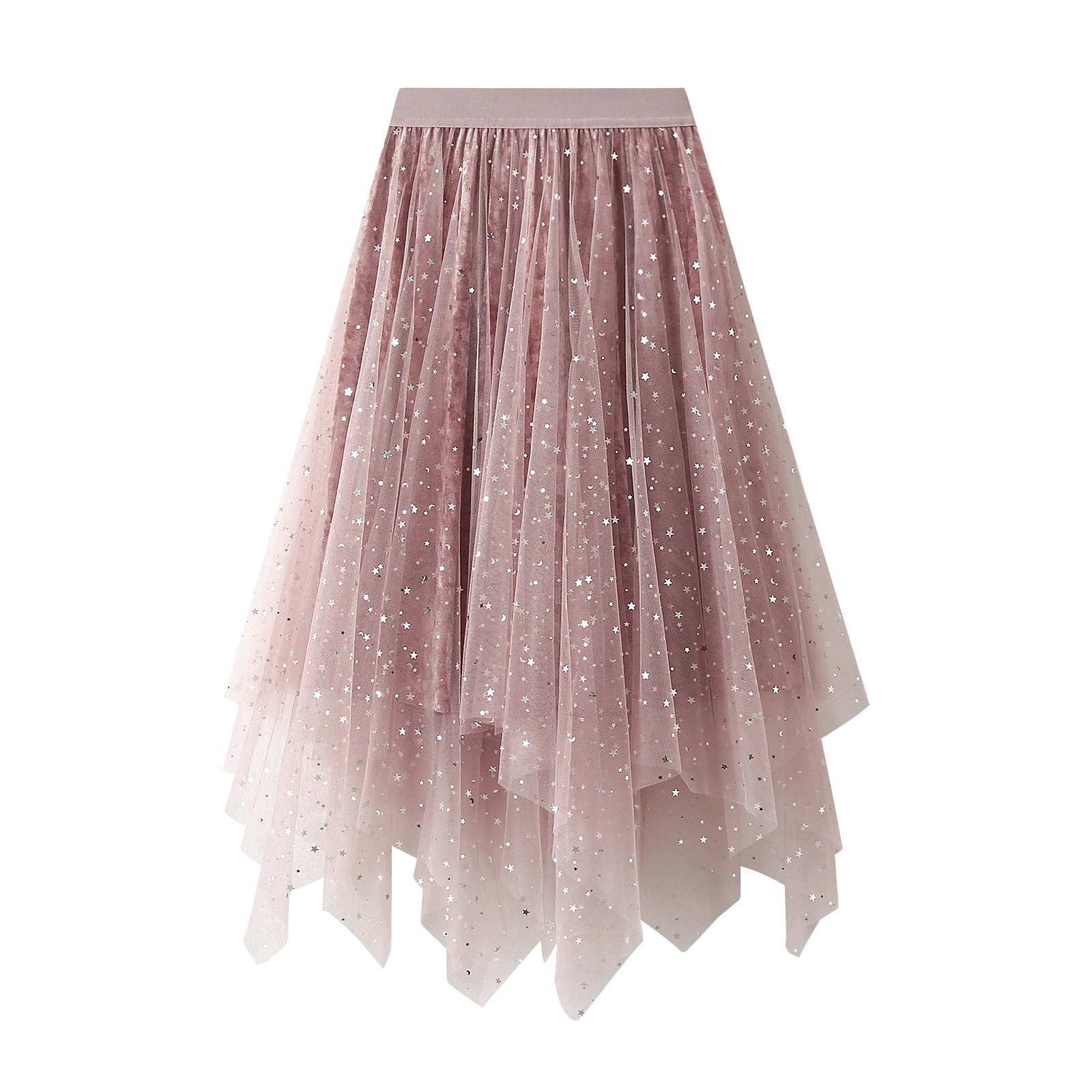 

Womens Mesh Layered Pleated Skirts Elastic High Waist Tulle Tutu Irregular Hem Ruffle Prom Party A-Line Midi Skirt