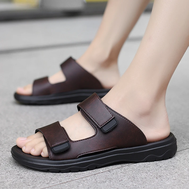 Summer Mens PU Leather Slippers Men Adjustable Slides Slippers Black Brown Lightweight Slipper Size 38-48 Dropshipping