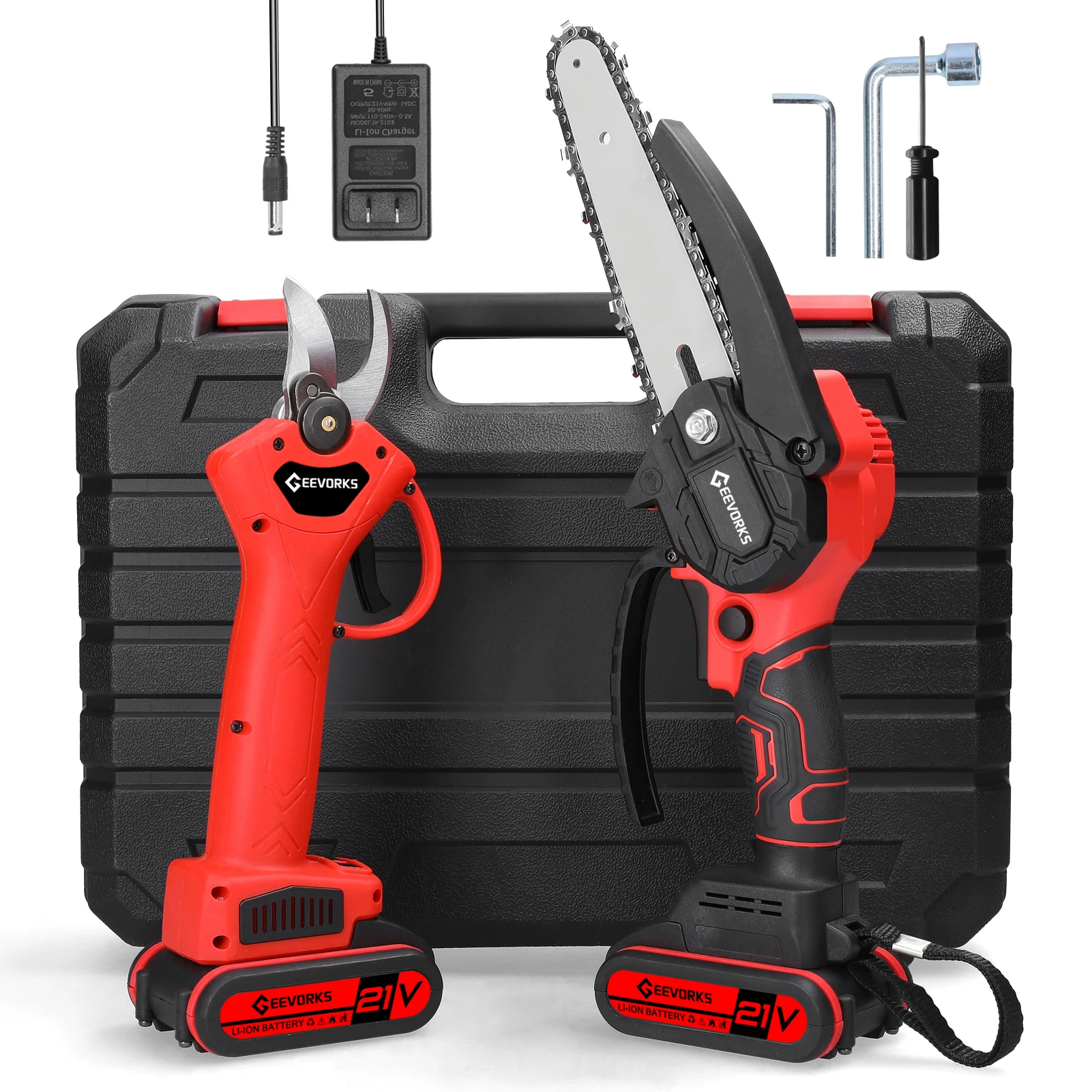 21V 6inch Portable Electric Chainsaw and 25mm Cordless Pruning Shear Set Wood Splitting Cutting Machine Kit Woodworking Tool