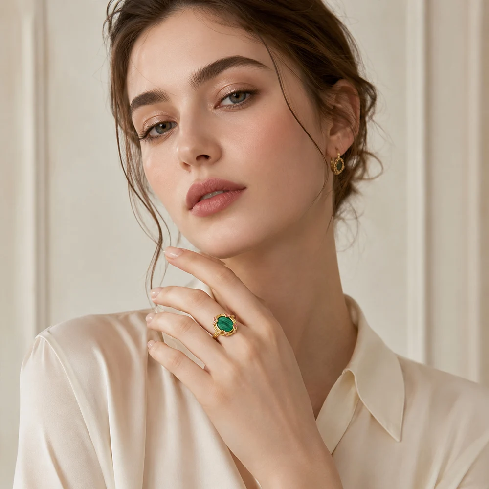 Eleganter Ring, ovaler grüner Stein, Gold, europäischer Stil, edler Schmuck für Frauen, Sommer, brandneues Vintage-Geschenk aus 925er Sterlingsilber – Detail 2