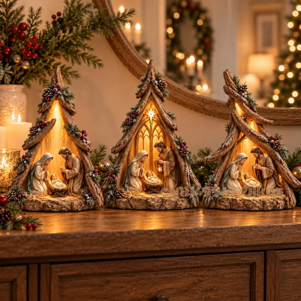Lighted Nativity Christmas Decor, 3 Rustic Holy Family Tree Styles,Warm amber glow, rustic wood-look details and 3 Nativity