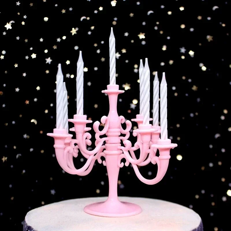 9PCS Candles And Candlestick Bracket 1 Set Cake Topper Birthday Party Cake Candle Holders Toppers Decoration