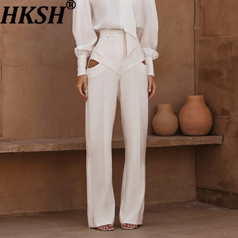 

HKSH весна осень новые женские повседневные брюки с вырезами однотонные прямые универсальные элегантные модные уличные модные HK14238