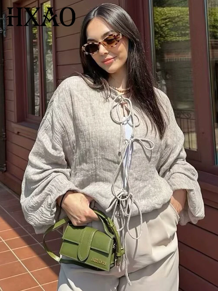 

HXAO 2025 Women's Crop Oversized Shirt Khaki Shirts & Blouses O-Neck Bow Lace-Up Blouses Lantern Long Sleeve Tops Fashion Shirts