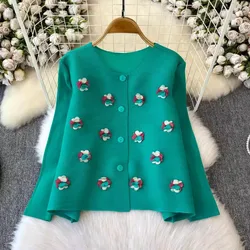 Elegant Appliques Flower Miyake Pleated Shirts Women O-Neck Long Sleeve Fashion All-match Casual Loose Cardigans Chiffon Tops