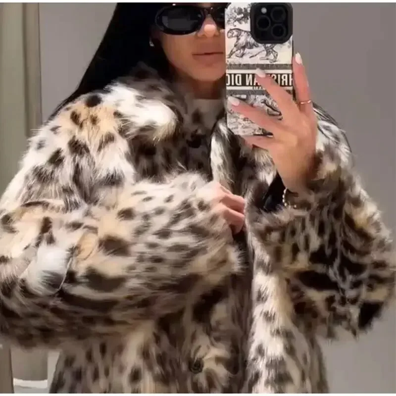 Leopard Faux Fur Furry Jacket For Women Vintage Long Sleeves Lapel Warm Thick Cardigan Coat 2024 New High Street Lady Outerwear