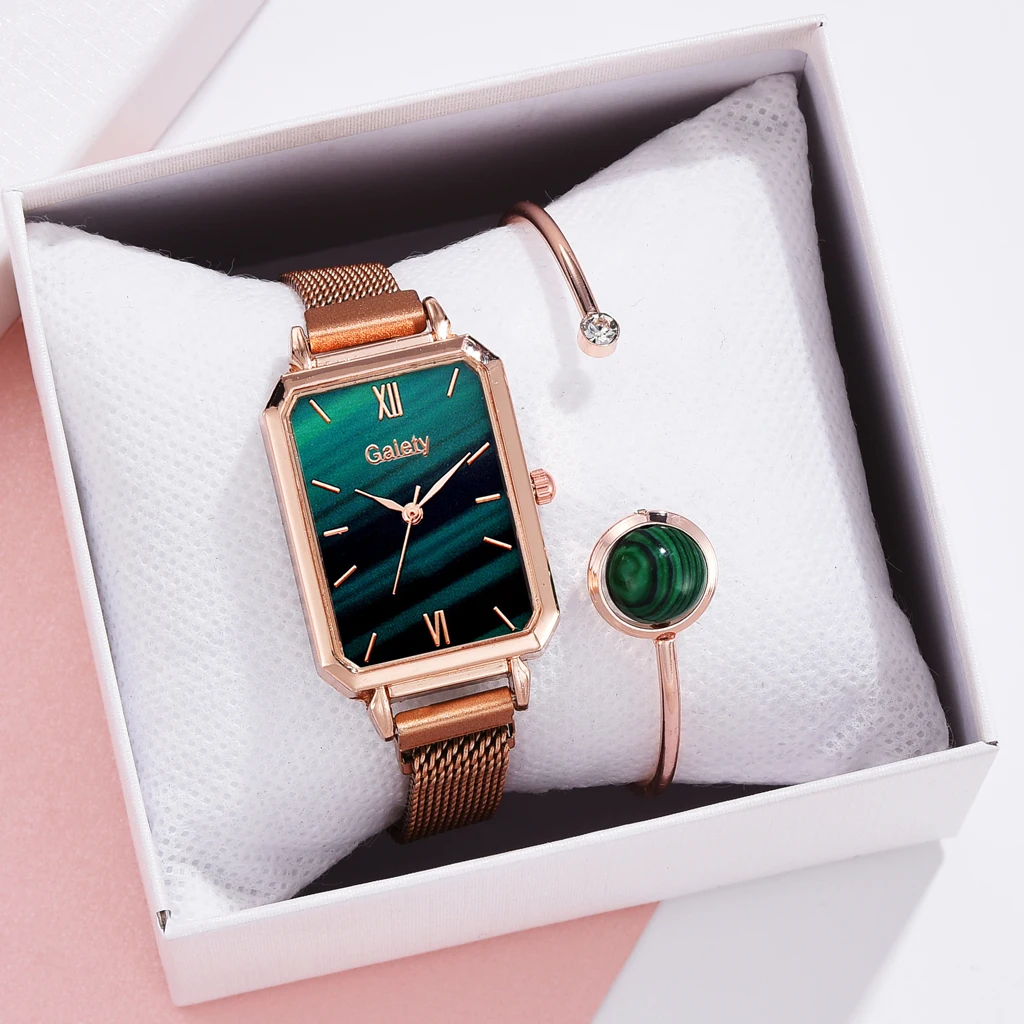 2 pz/set orologi da donna Fashion Square Ladies orologio al quarzo bracciale Set quadrante verde semplice orologio da donna in oro rosa con maglie di lusso