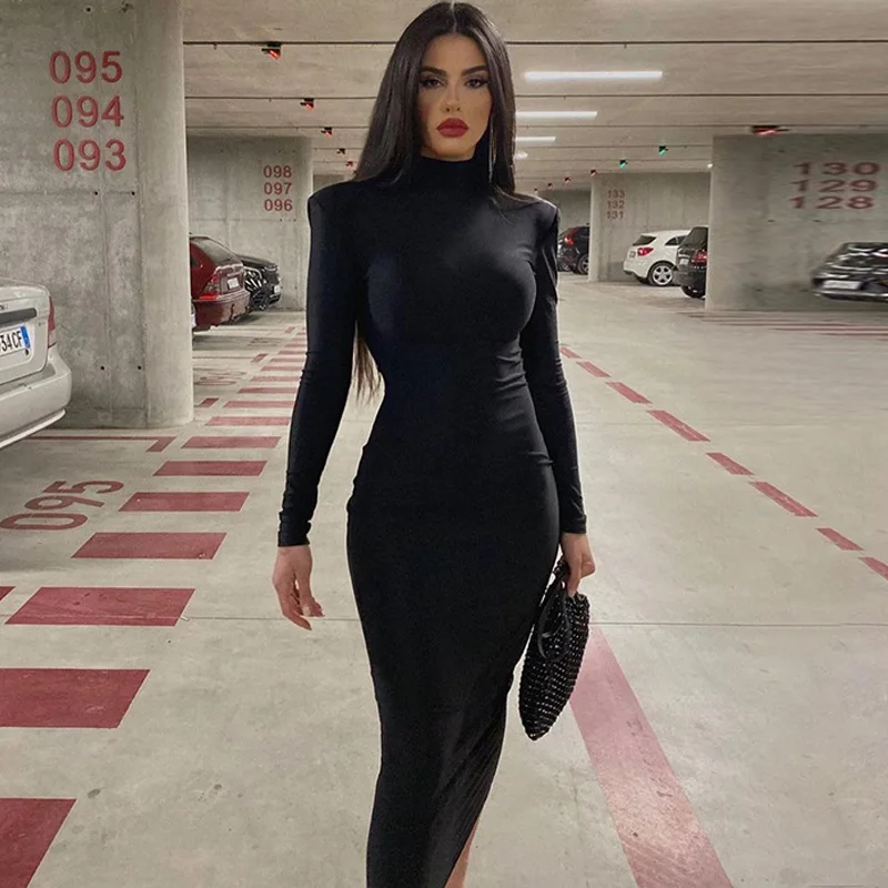 

Slim Fit High Neck Long Sleeve Dress Pure Color Midi Dress Women's Fashion Autumn Collection Elegant Casual Maxi Dress