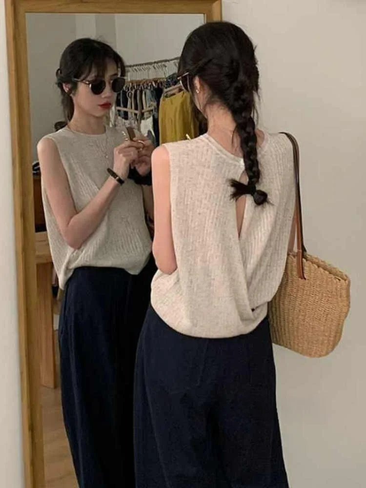 

Вязаный жилет из ледяного шелка, женский тонкий новый летний свободный топ без рукавов, дизайн Ba, повседневный, удобный, дышащий, irt