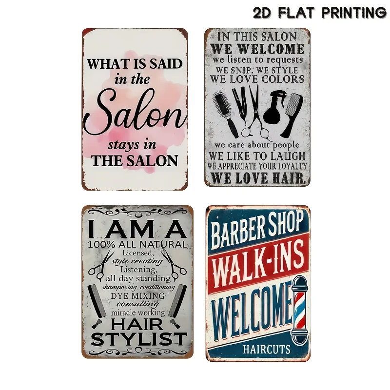 4pcs Vintage Salon& Barber Shop Metal Signs Set, What Is Said In The Salon& Walk-Ins Welcome Wall Decor For Hair Business