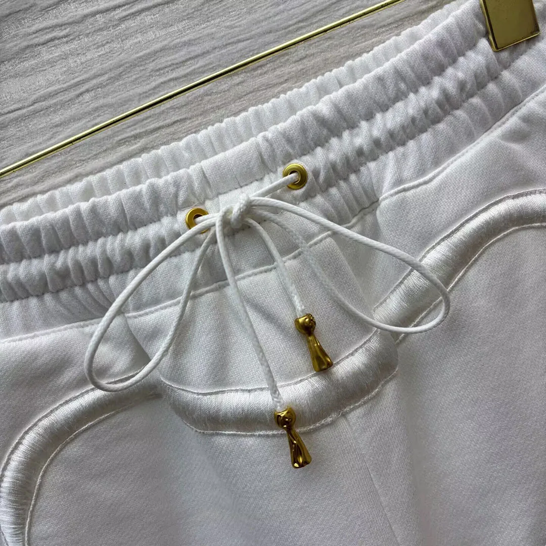 2025 New Autumn Embroidery Cotton Sweatpants Women Trousers Metal Drawstring Elastic High Waist Solid Color Casual Loose Pants