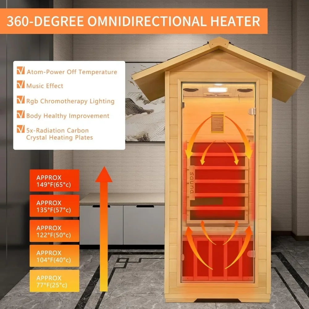 Sauna infrarroja lejana para exteriores para 1 persona, Sauna interior para el hogar de madera con dobladillo canadiense, Sauna seca de 1400W, habitación Personal con altavoces, lámpara LED