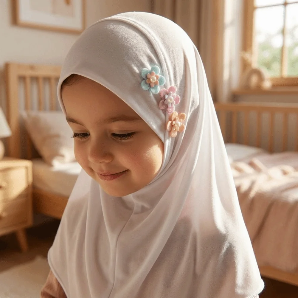 Soft Little Girls Pull-On Hijab Stretch with Floral Ornament Crystal Linen Headscarf Breathable Solid Colors Head Wrap Turban