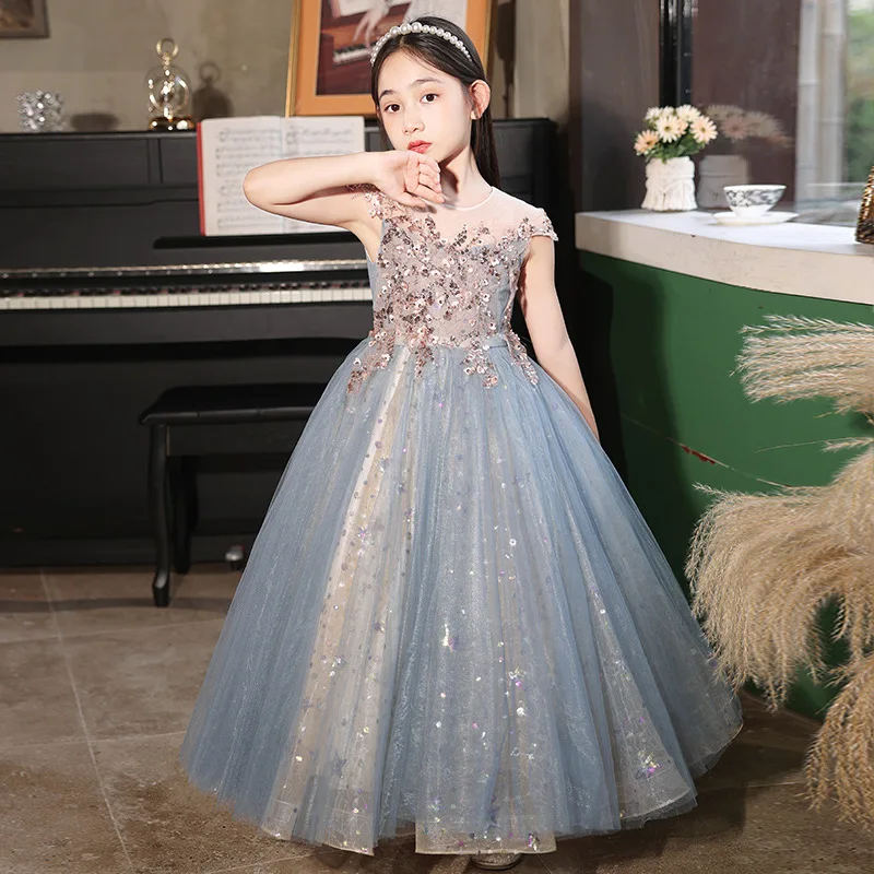 

elegant Princess Party Pageant Formal Dress Baby dress Champagne sequin embroidery Teenagers Kids Girls Wedding Long Girl Dress