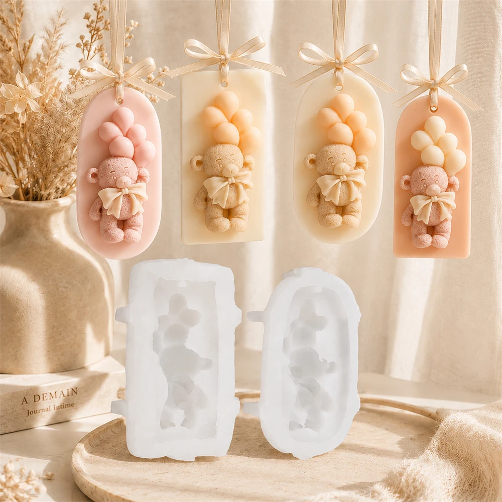 3D Teddy Bear Balloon Candle Mold Silicone Hanging Wax Tablet Mold DIY Aromatherapy Pendant Making Supplies Birthday Gift Decor