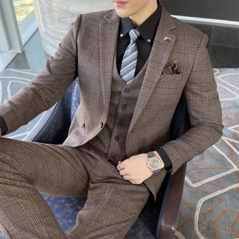 

Fashion Boutique Lattice Formal Business Mens Suit 3 Pieces Set Groom Wedding Dress Plaid Suit Show Stage (Jacket+Vest+Pants)