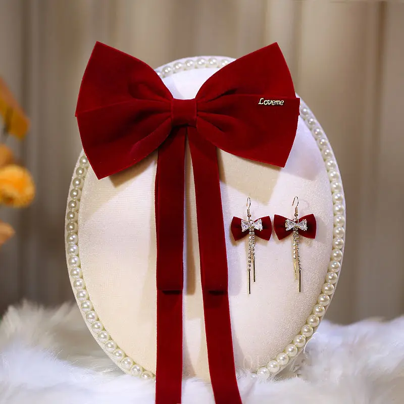 

New Red Velvet Bow Hair Clip Simple and Elegant Bridal Toast Dress Headwear