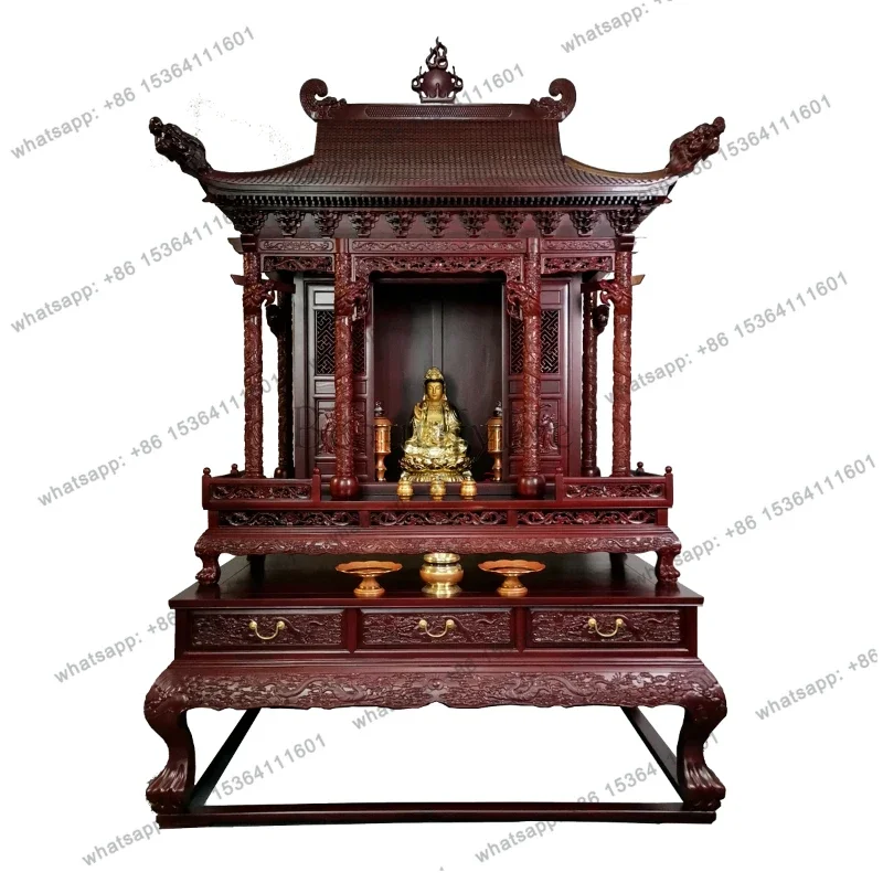 yj21 Log tenon and mortise carved solid flower pear mahogany shrine shrine shrine God of Wealth Guan Gong household cabinet
