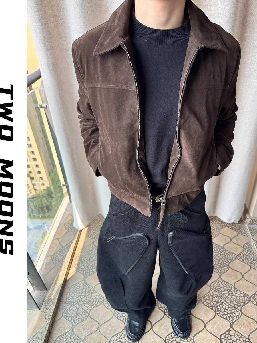 

American Retro Suede Jaet Men's Loose Casual Collar up Outerwear Top Faionable Autumn New Sle Versatile Long Sve Zipper