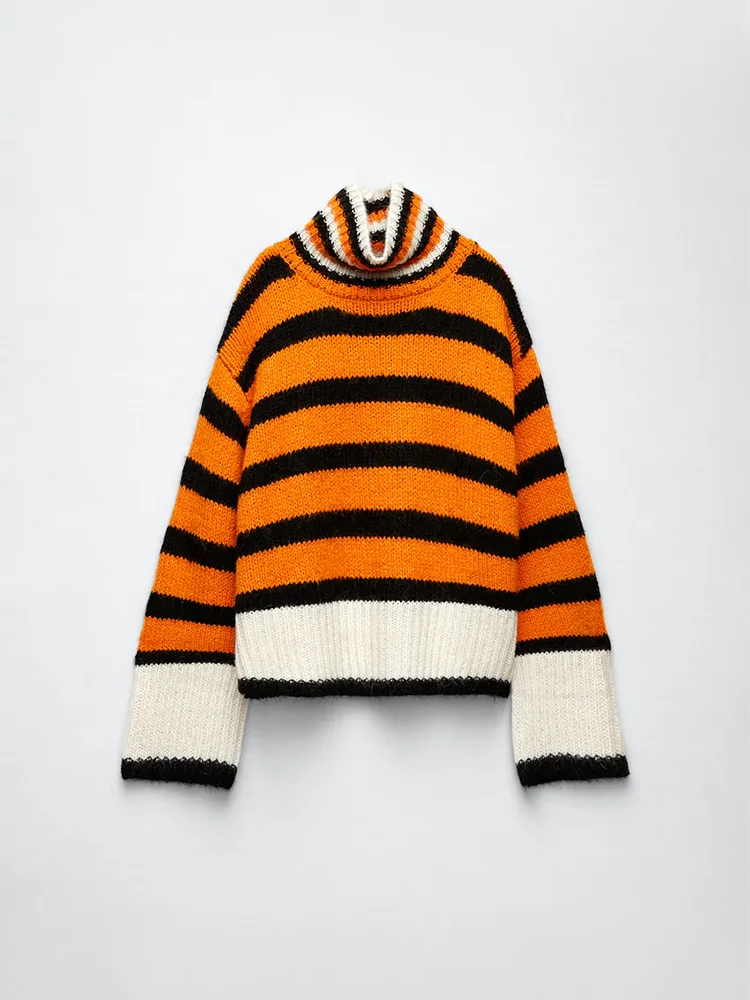 2024 Autumn/Winter European-Style Women Fashion Loose Semi-Turtleneck Striped Sweater