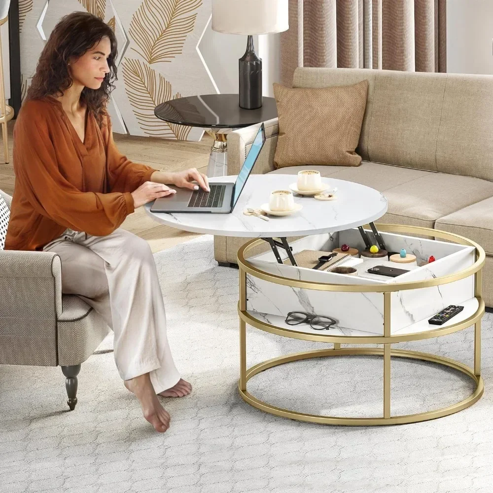 XMSJ Coffee Table Round Lift Table, Living Room Marble with Storage, with Storage Cabinets, for Home Office, Round, White