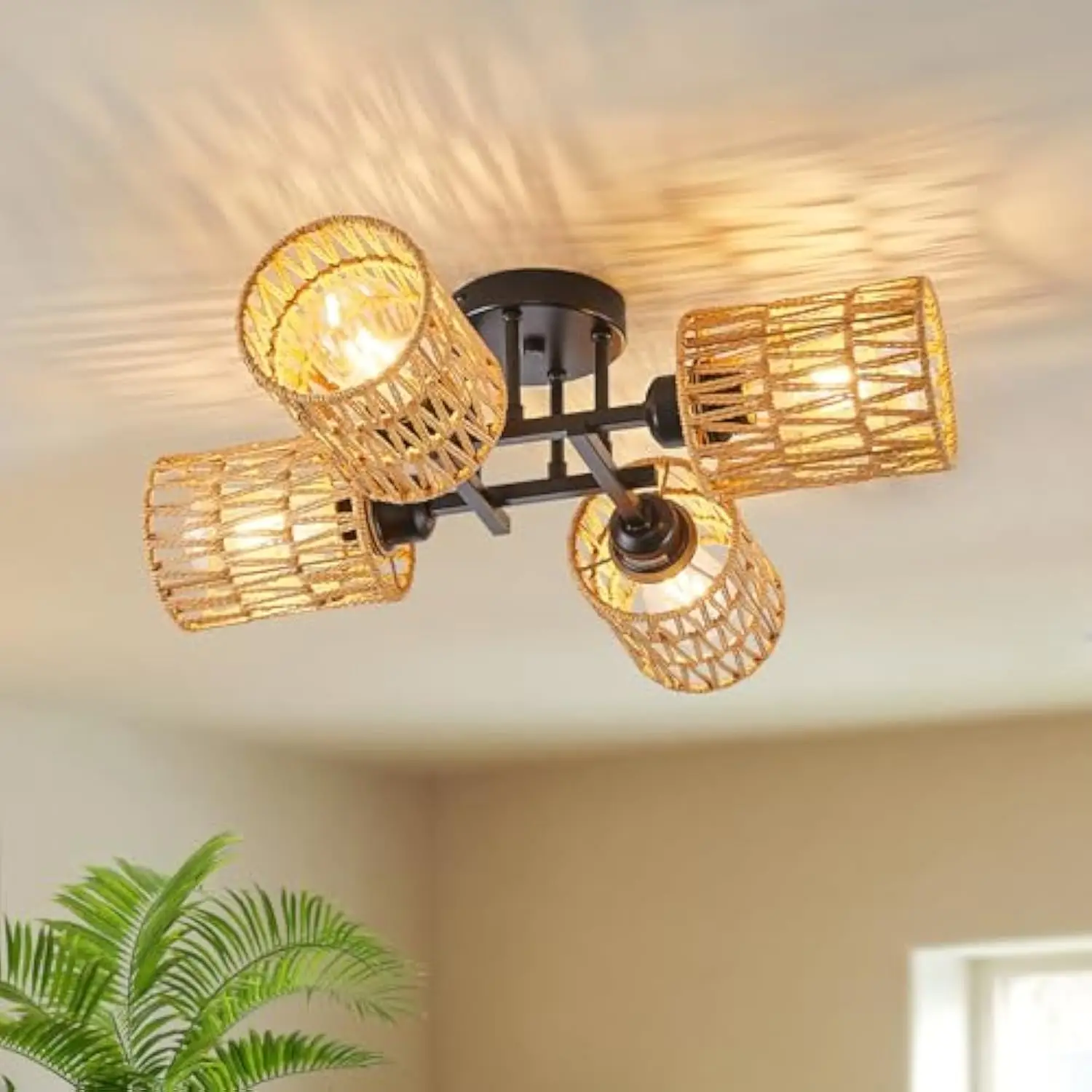 

Rattan Flush Mount Ceiling Light, 4 Lights Boho Hand-Woven Chandelier, Wicker Bamboo Black Ceiling Light Fixture for Nursery Coa