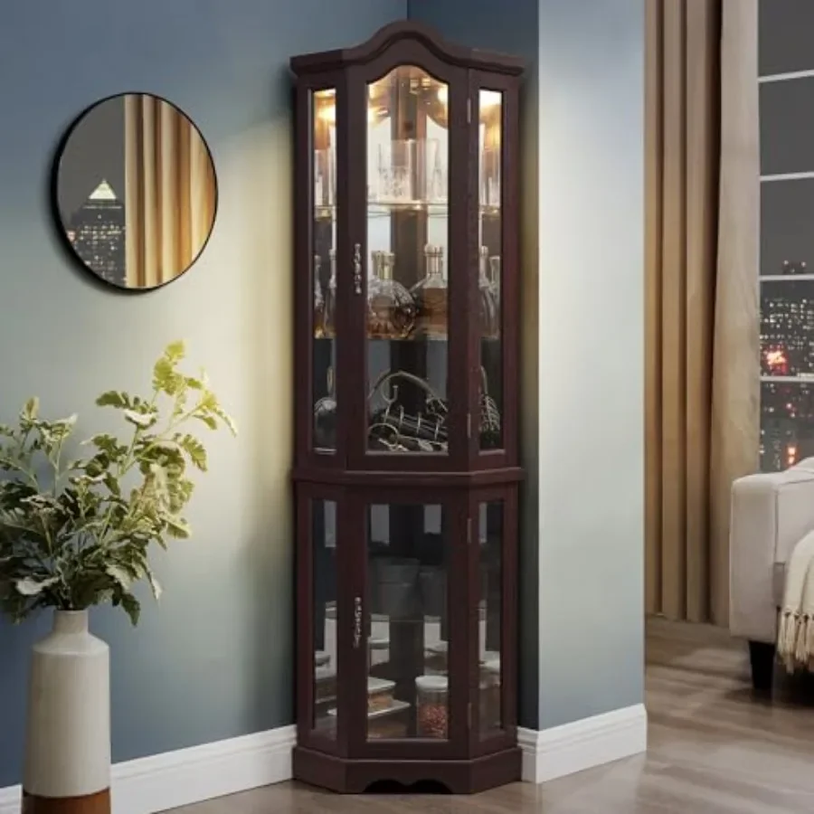 Corner curio cabinet for bar and liquor storage, lighted glass display case in light wood finish with 5 adjustable tempered gla