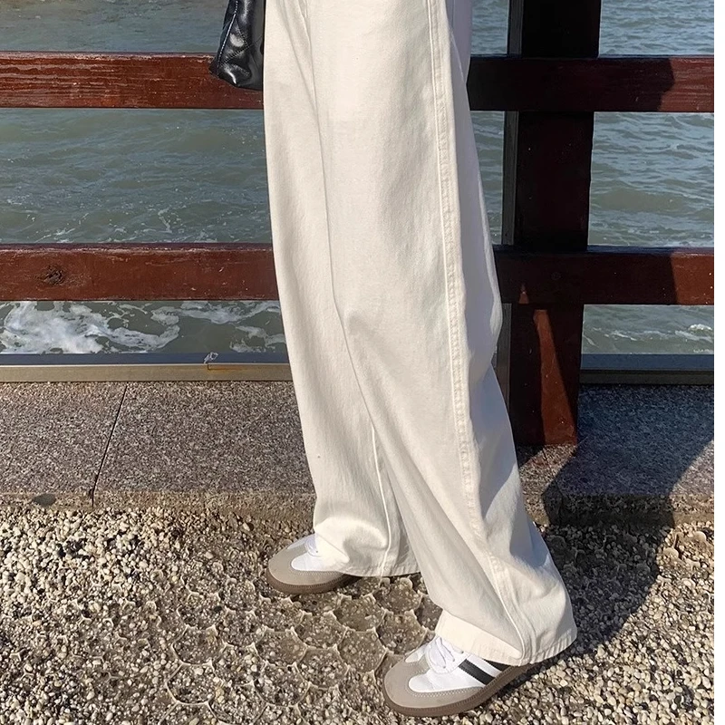 

Loose High Waist Wide Leg Denim Jeans Women's Dra Straight Cut Floor-Length Pants White Comfortable Autumn Faion