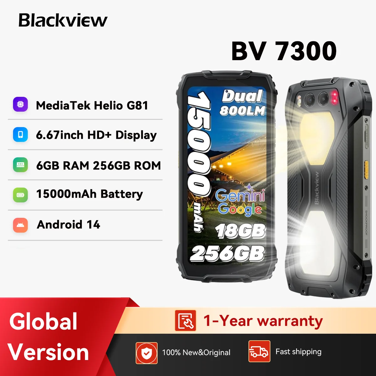 Blackview BV7300 Rugged Phone, 6GB+256GB, Android 14 Gaming Phone,15000mAh+45W Rugged Smartphone, 50MP+30MP Camera NFC/Dual SIM