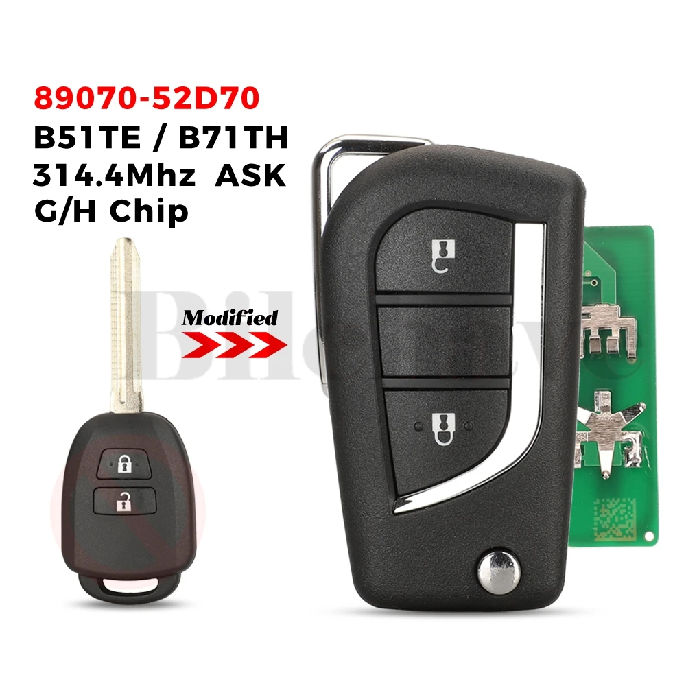 

jingyuqin 89070-52D70 For Toyota Yaris Vitz CHR Corolla Ractis 2011- Flip Remote Car Key 314.4Mhz G /H Chip B51TE B71TH Upgrade