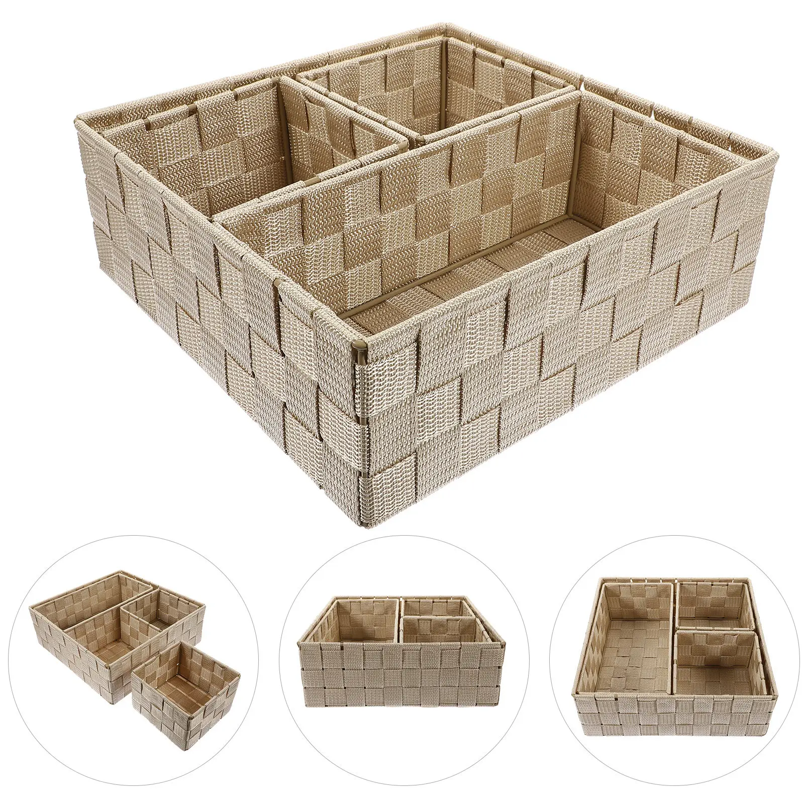 

4Pcs Woven Desktop Storage Box Set Multi-Compartment Organizer for Desk Accessories Makeup Brushes Cosmetics Tools Stationery