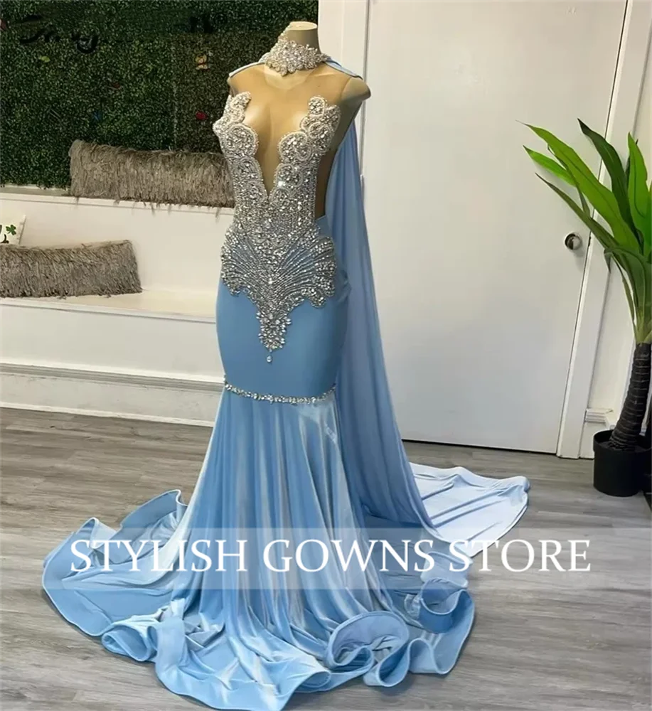 Sky Blue Prom Dresses 2025 For Black Girls Sliver Crystal Beaded Cocktail Gowns With Golves Sexy Sparkly Evening Gown Customized
